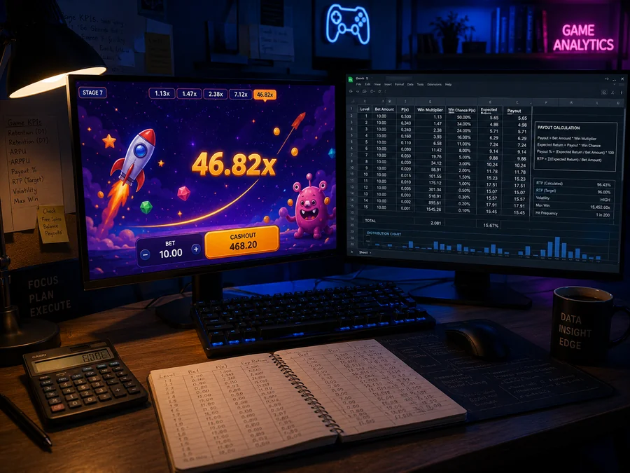 Game analyst workstation testing an InOut Games crash game with a payout spreadsheet and session notes