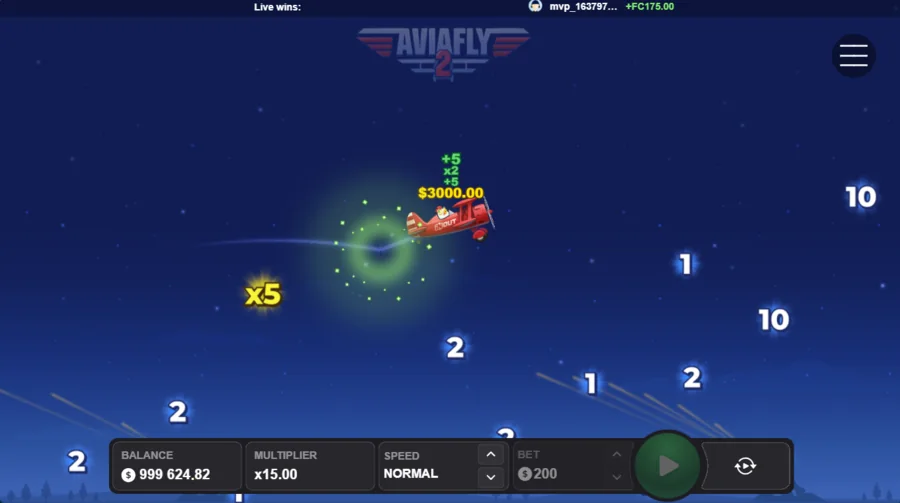 Avia Fly 2 biplane collecting bonus and multiplier pickups mid-flight