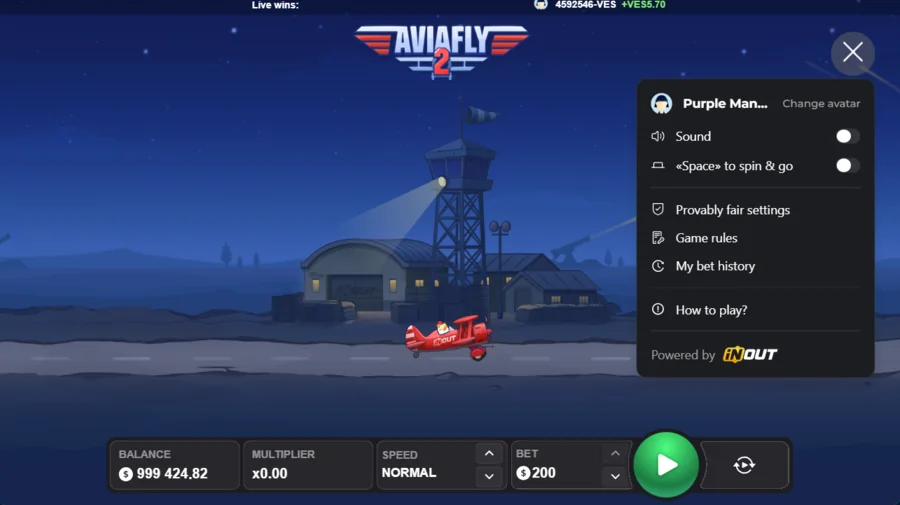 Avia Fly 2 settings menu with provably fair game rules and bet history