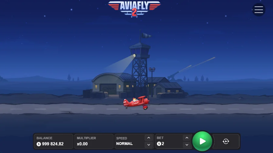 Avia Fly 2 gameplay start screen with the biplane on the night airfield
