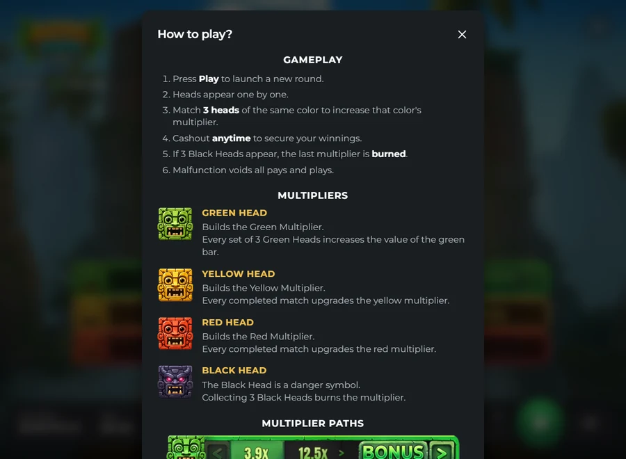Aztec Totem rules card heads and multiplier paths