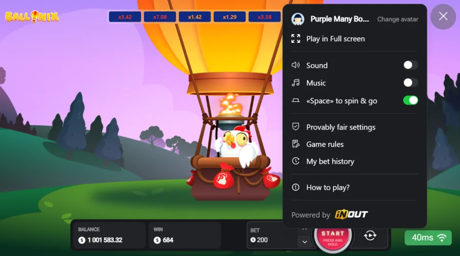 BalloniX settings menu with provably fair, game rules and bet history