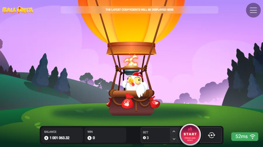 BalloniX start screen with the chicken in a hot-air balloon