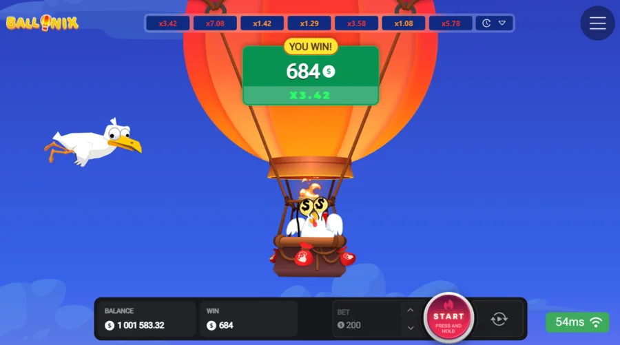 BalloniX successful cash-out win banner at x3.42