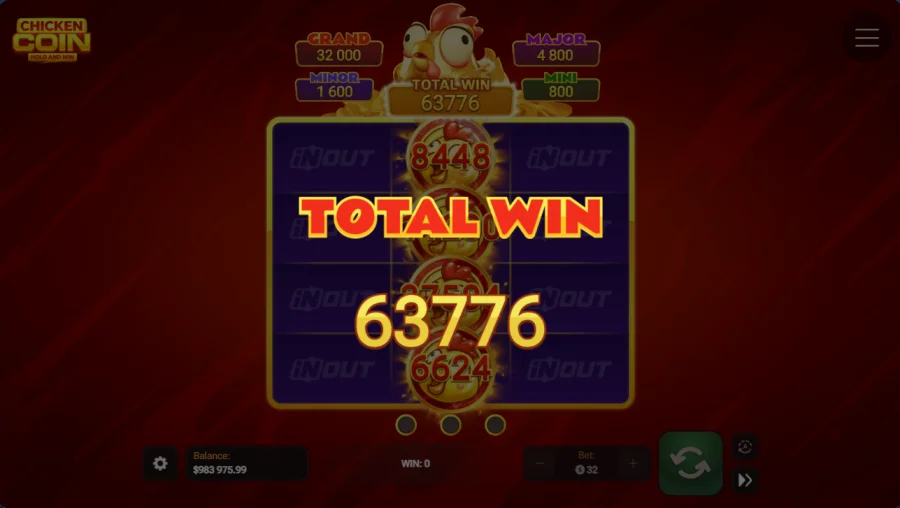 Chicken Coin bonus game total win of 63776 credits