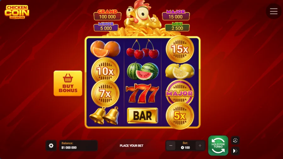 Chicken Coin slot board with fruit reels and jackpot meters