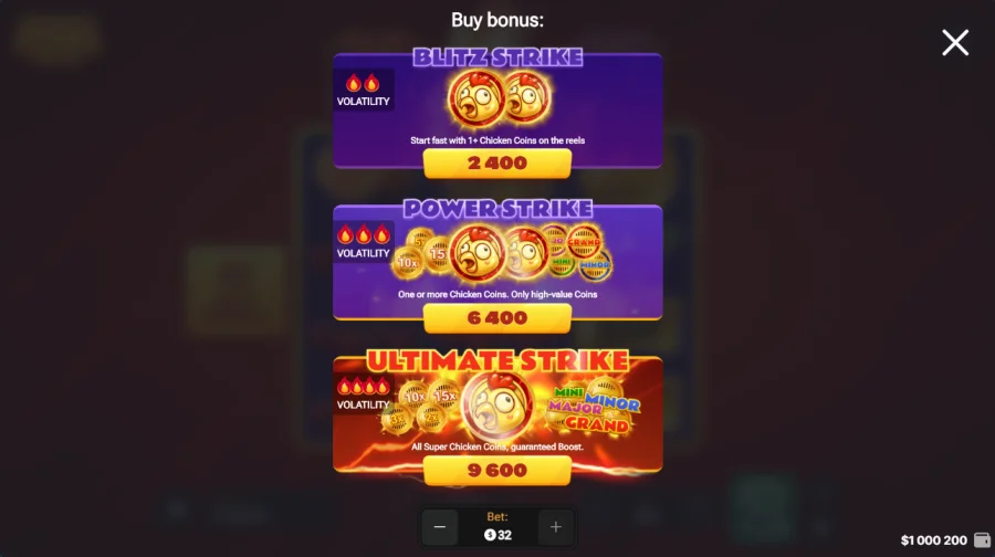 Chicken Coin buy bonus menu with Blitz Power and Ultimate Strike