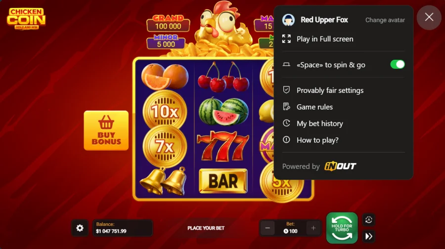 Chicken Coin settings menu with provably fair game rules and bet history