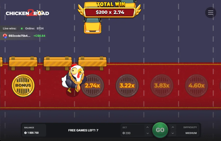 Chicken Road 2 Bonus round with red road, suited chicken and a 2.74x total win