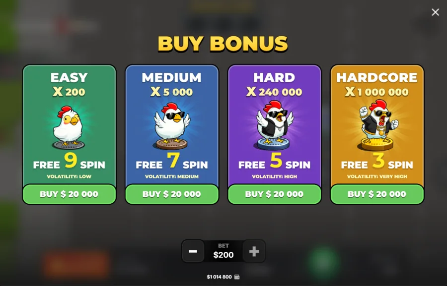 Chicken Road 2 Bonus buy bonus menu with four cards, free spins and max multipliers