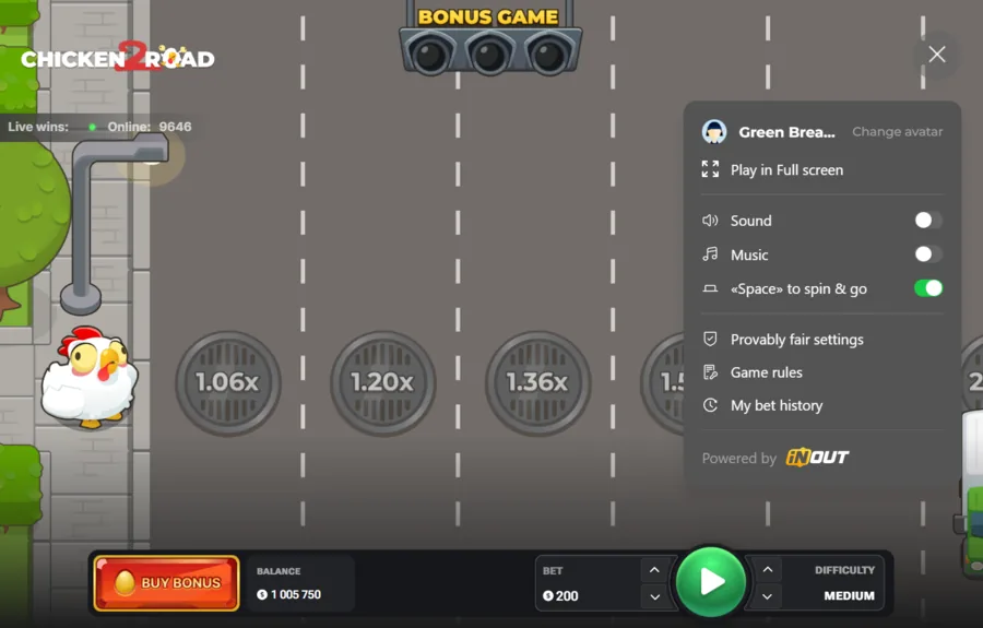 Chicken Road 2 Bonus casino game menu with provably fair settings and bet history