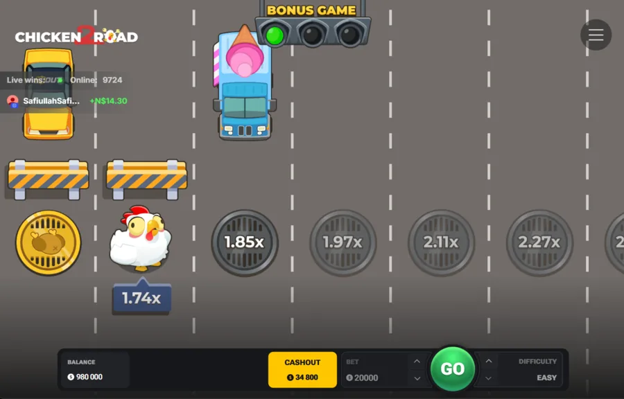 Chicken Road 2 Bonus game showing a 1.74x multiplier and a 34,800 cashout online