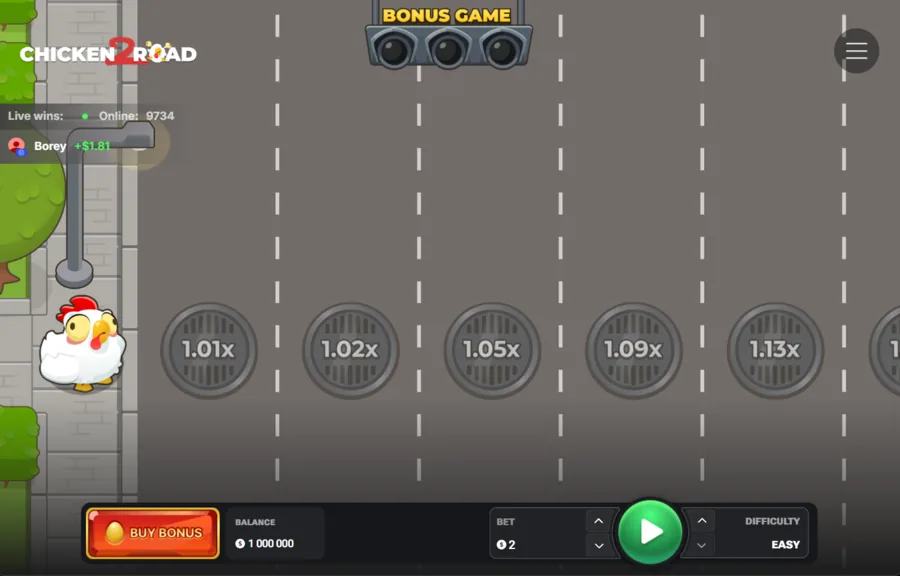 Chicken Road 2 Bonus demo start screen with the bonus traffic light and Buy Bonus button