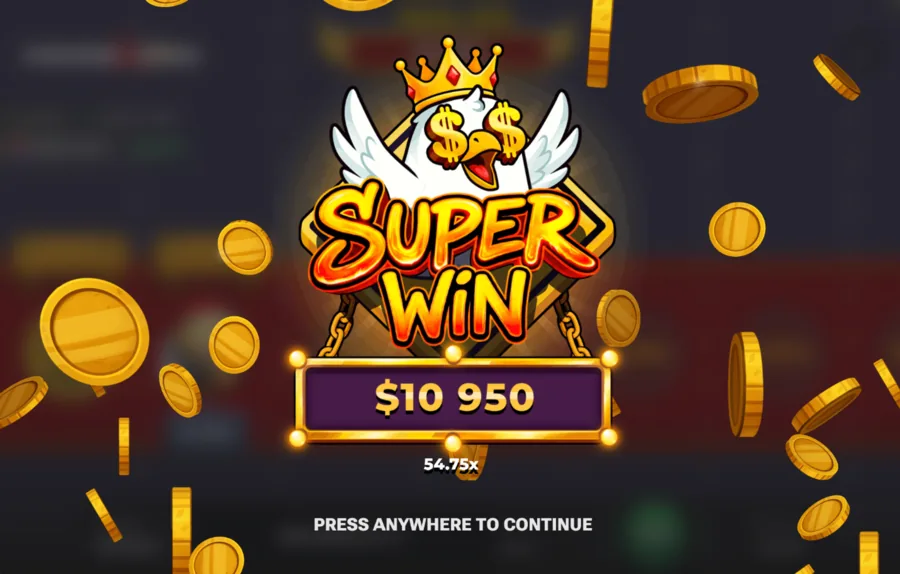 Chicken Road 2 Bonus super win screen paying 10,950 at 54.75x in the demo