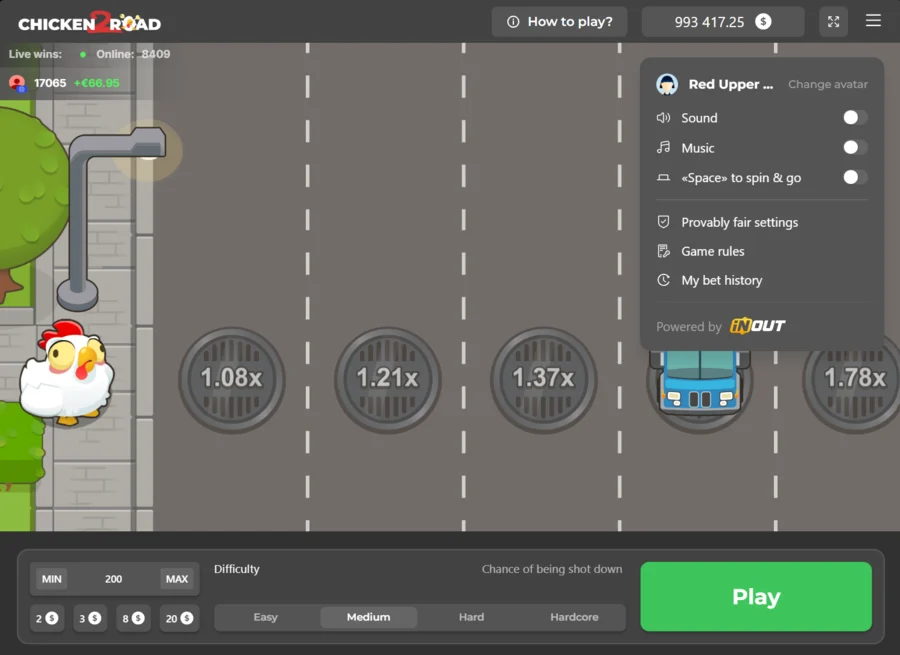 Chicken Road 2.0 game menu with provably fair settings