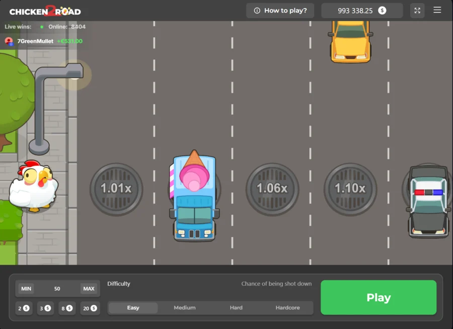Chicken Road 2.0 top-down highway with multiplier manholes