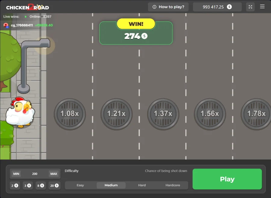 Chicken Road 2.0 win screen paying $274 after cash out