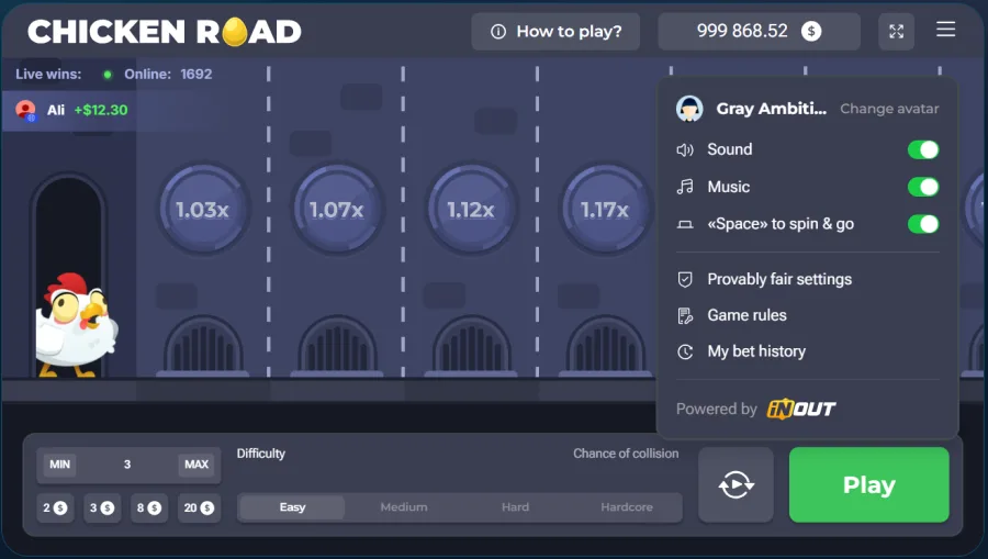 Chicken Road InOut Games settings provably fair menu