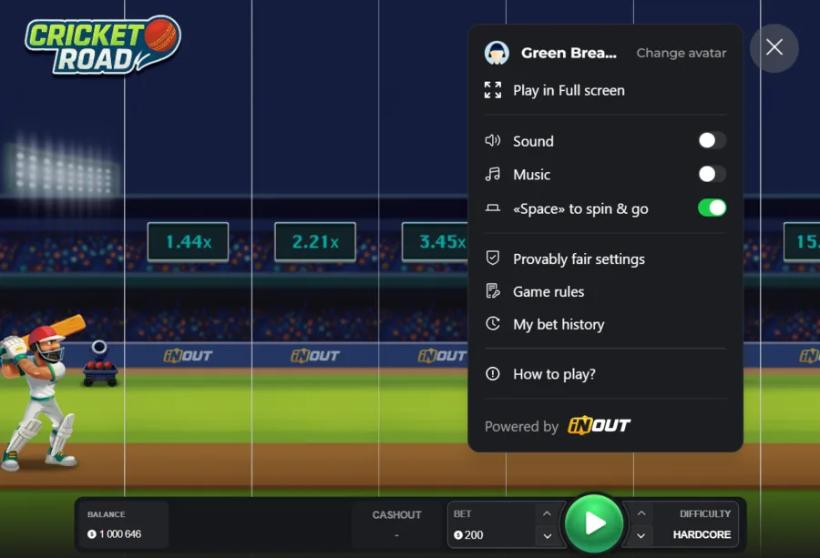 Cricket Road casino game menu with provably fair settings and the Hardcore multiplier ladder
