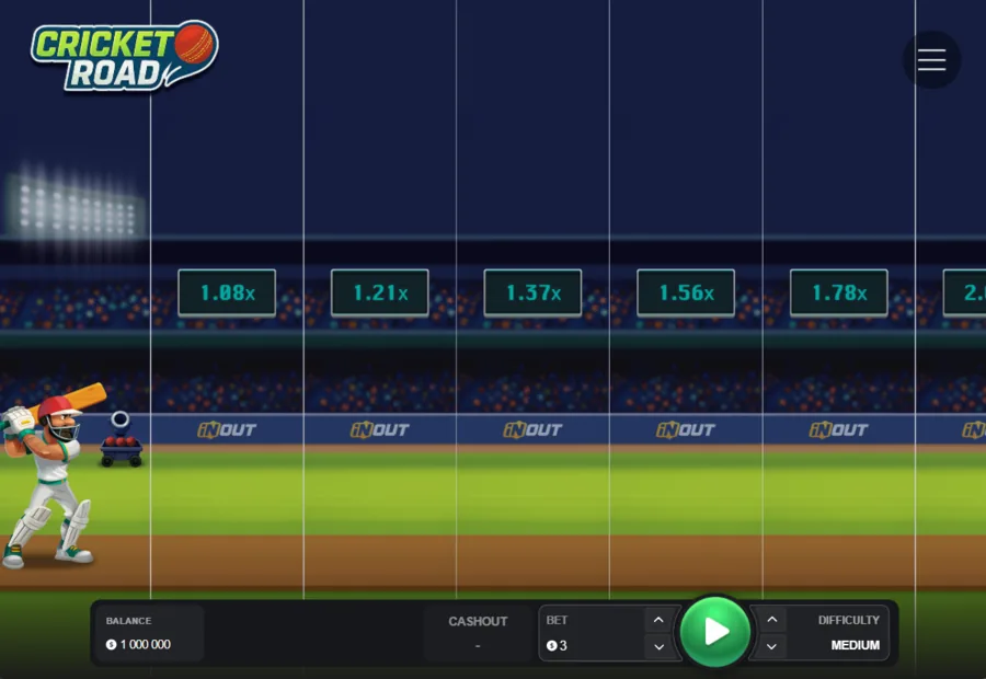 Cricket Road demo start screen with batsman, bowling machine and the Medium multiplier ladder