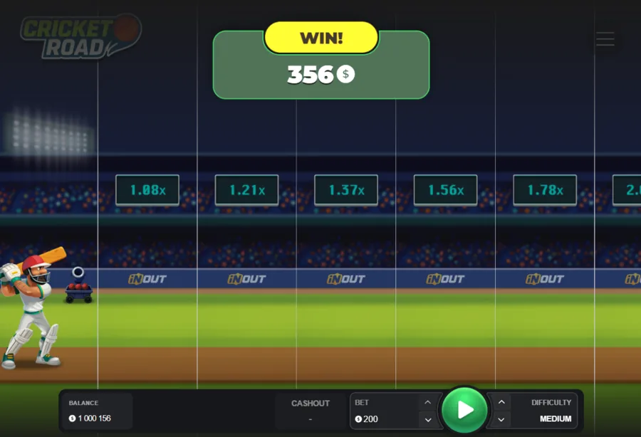 Cricket Road win screen paying 356 after cashing out the crash game round