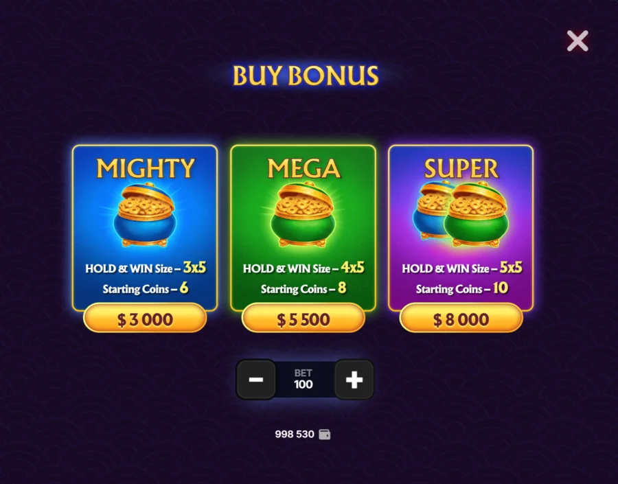 Dragon Pots buy bonus menu - Mighty 3x5, Mega 4x5 and Super 5x5 Hold and Win cards priced at 30x, 55x and 80x