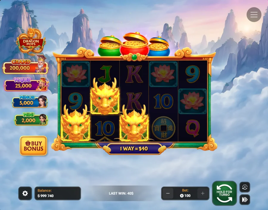 Dragon Pots slot win - one way of three dragon head symbols pays 40 dollars at a 100 dollar bet