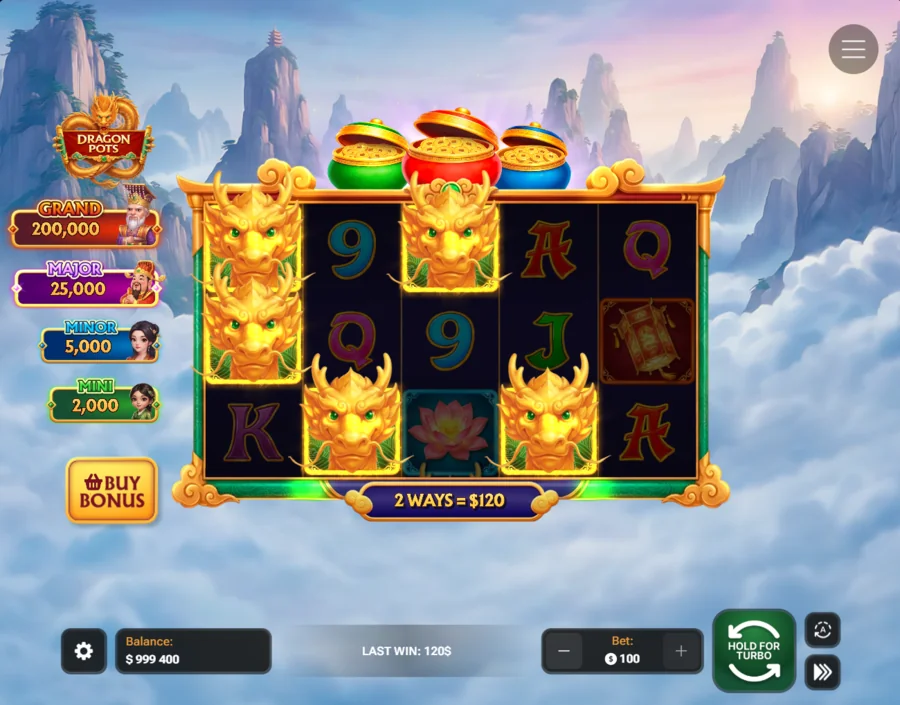 Dragon Pots 243 ways win - two chains of four dragon heads pay 120 dollars, doubled by a stacked reel