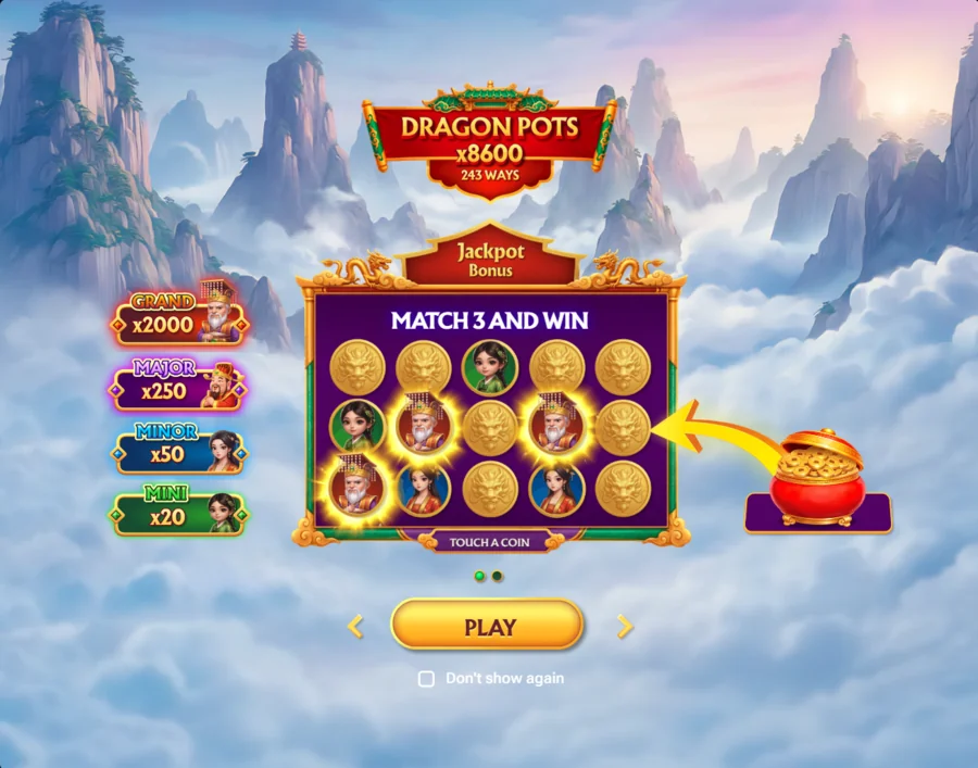 Dragon Pots slot intro screen - 243 ways, 8600x max win and the Match 3 Jackpot Bonus with four jackpot tiers