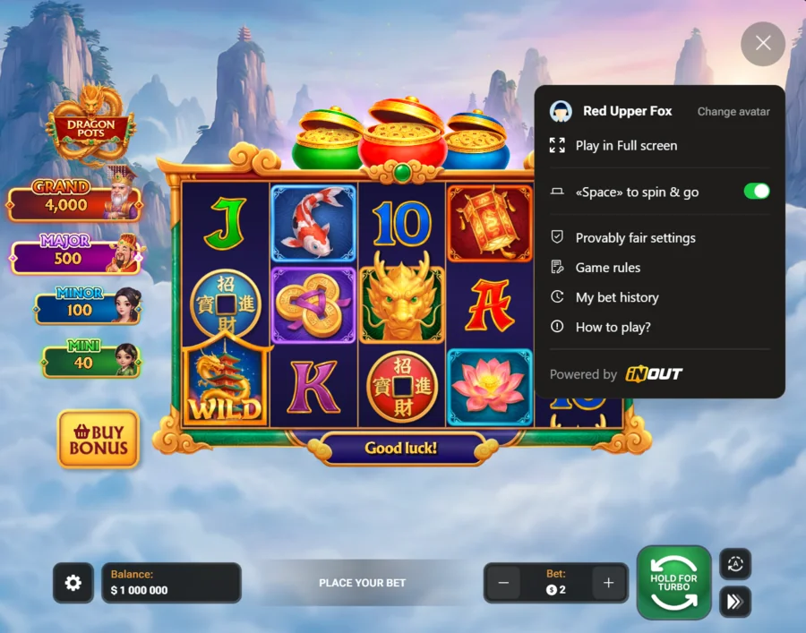 Dragon Pots game menu with provably fair settings, game rules, bet history and how to play options