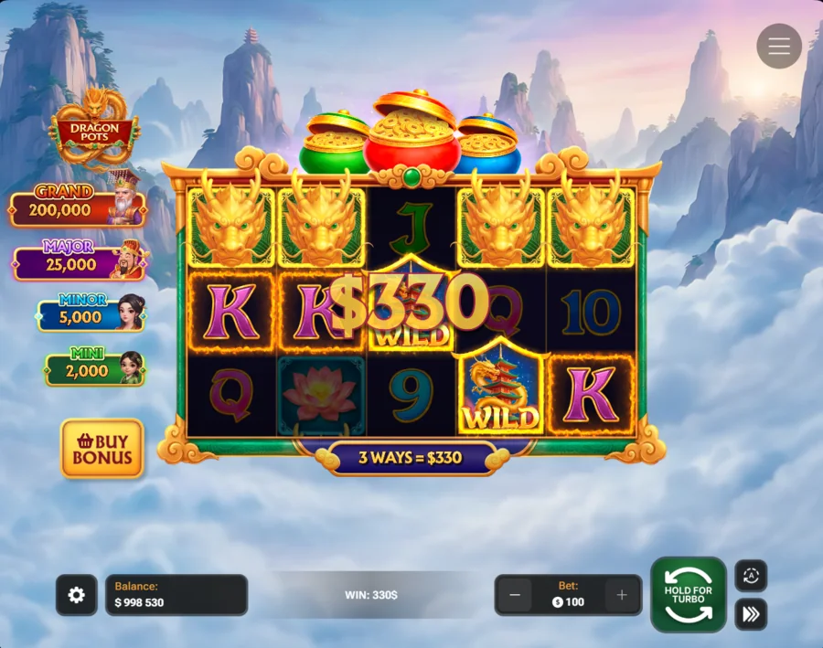 Dragon Pots wild win - two flaming pagoda wilds bridge three ways for a 330 dollar payout