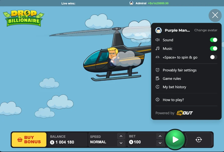 Drop The Billionaire game menu with provably fair settings