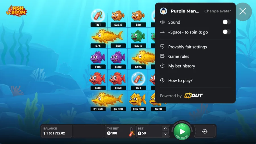 Fish Boom settings menu with provably fair, game rules and bet history