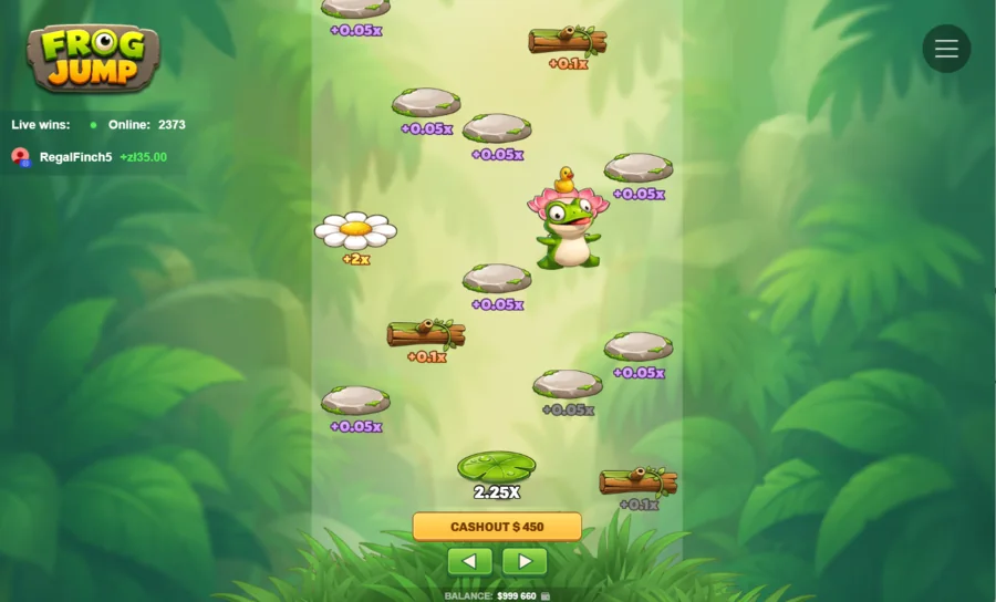 Frog Jump frog climbing with a 2.25x multiplier and a $450 cash-out
