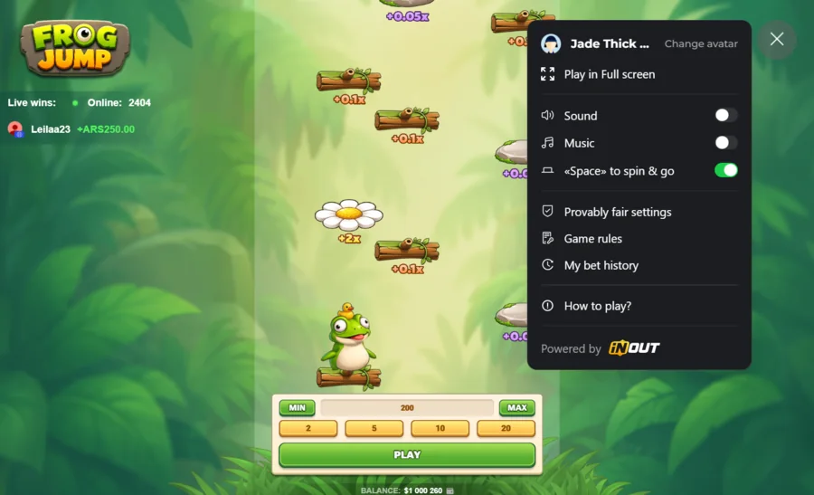 Frog Jump settings menu with provably fair, game rules and bet history