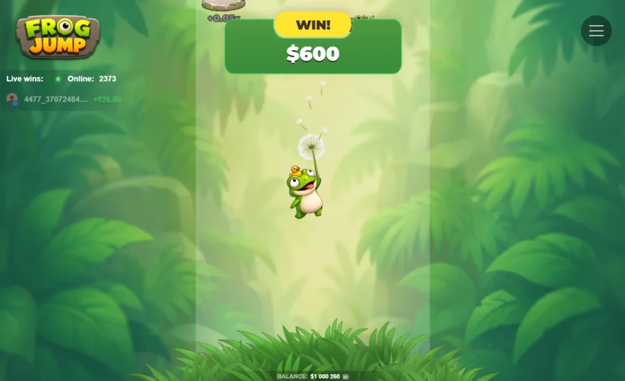 Frog Jump WIN cash-out of $600 with the frog floating on a dandelion
