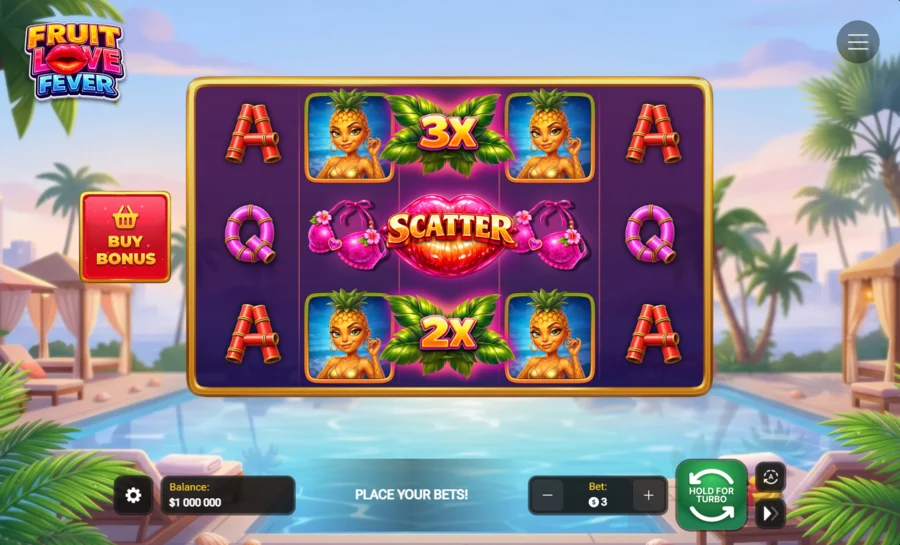 Fruit Love Fever base game reels with scatter lips and wild multipliers