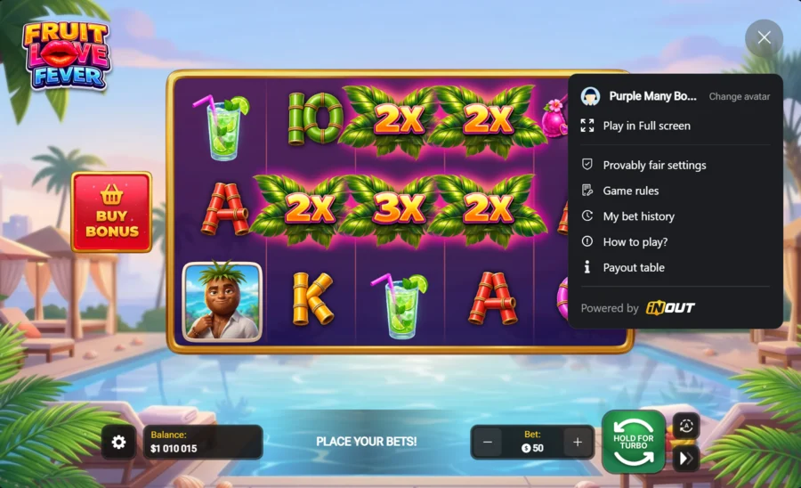 Fruit Love Fever game menu with provably fair settings and payout table