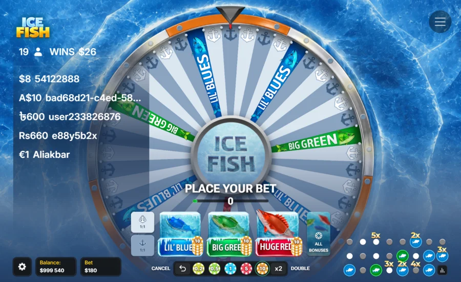 Ice Fish place your bet phase with fish stake cards, chips and a live bet feed