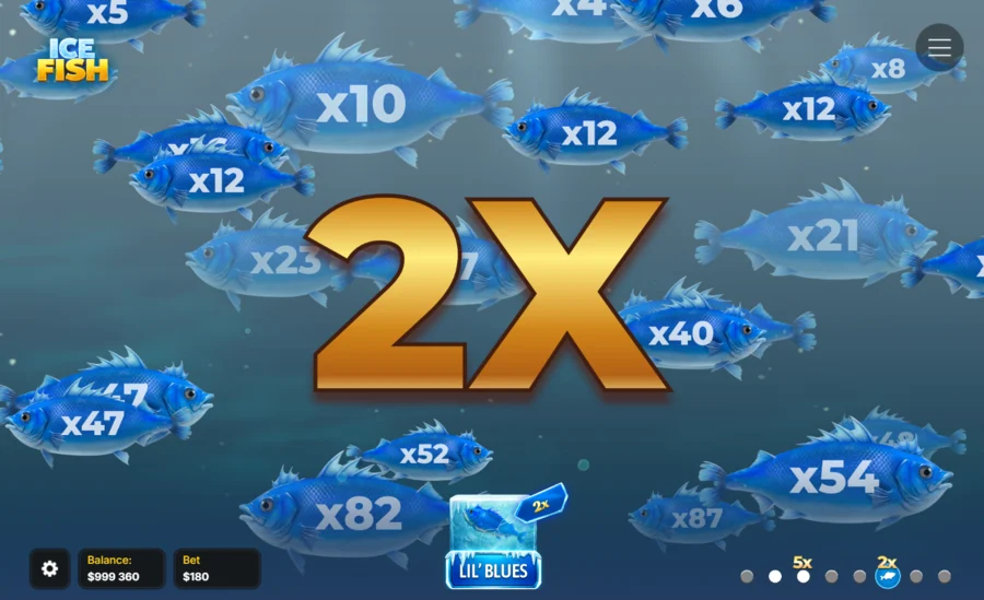 Ice Fish Lil Blues bonus round with individual fish multipliers and a 2x boost