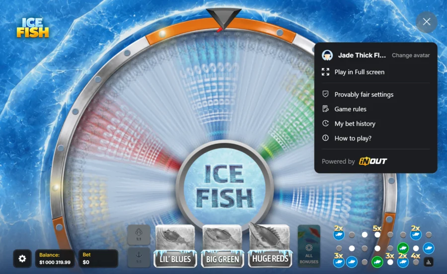 Ice Fish spinning wheel with the game menu showing provably fair settings and game rules
