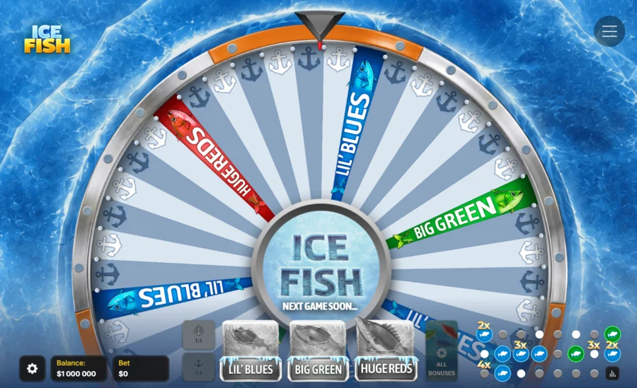 Ice Fish wheel with anchor segments and Lil Blues, Big Green and Huge Reds fish