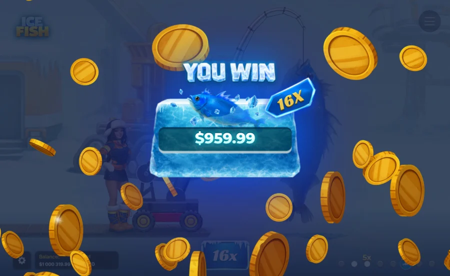 Ice Fish YOU WIN screen with a 16x frozen catch worth $959.99