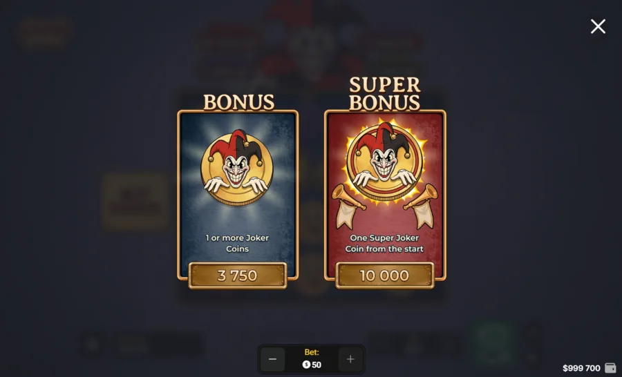 Joker Pyre Bonus Buy menu with standard Bonus and Super Bonus