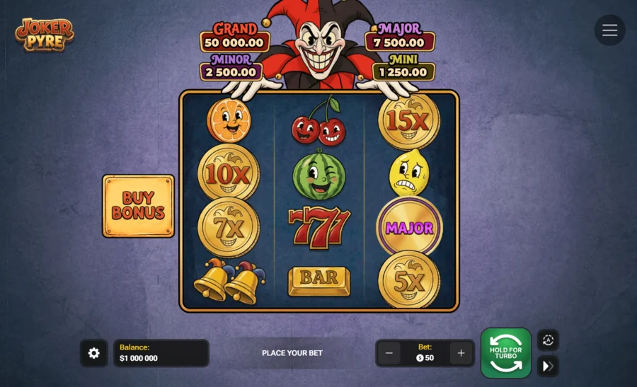 Joker Pyre 3x4 grid with fruit symbols, coins and the jackpot ladder