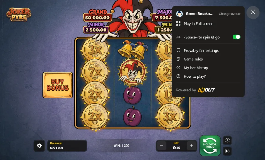 Joker Pyre settings menu with provably fair, game rules and bet history