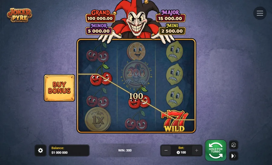 Joker Pyre base-game win with a cherry line and the 777 wild