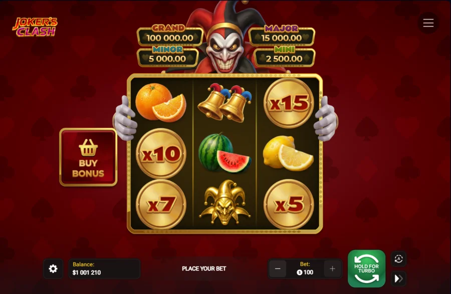 Jokers Clash base game with three reels bonus coins and jackpot banners