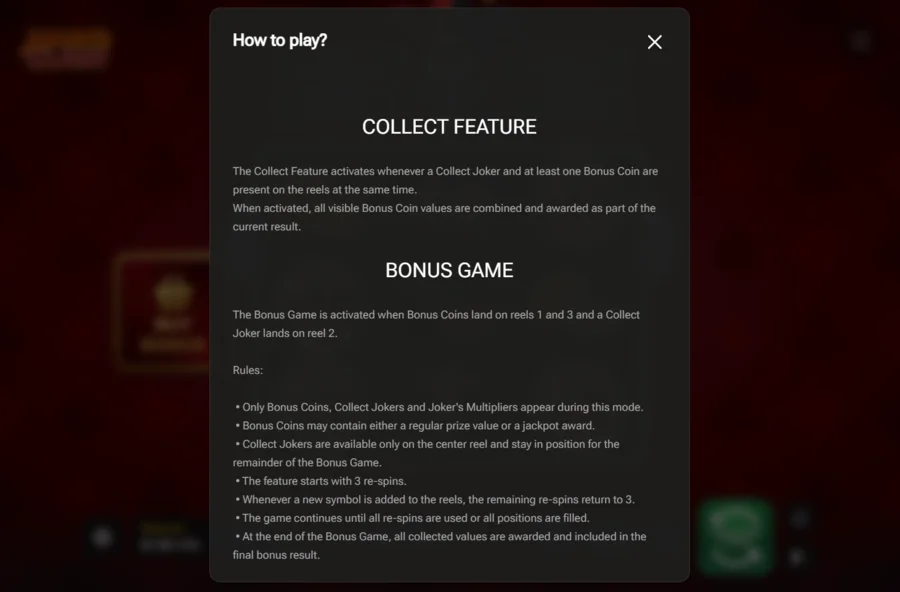 Jokers Clash bonus game rules with Collect Feature and three respins
