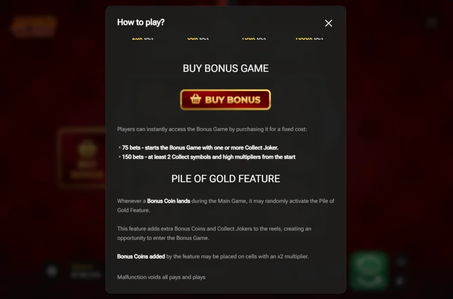 Jokers Clash buy bonus options at 75 and 150 bets with Pile of Gold rules